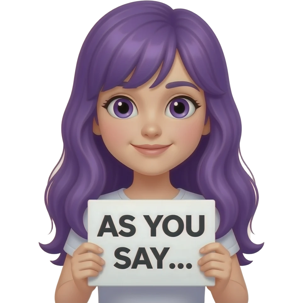 girl with long purple hair holding a AS YOU SAY... sign emoji