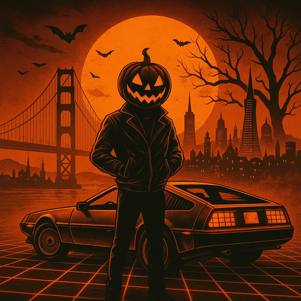 Make the head of the person a halloween pumpkin, make the entire image feel like Halloween retro, make the cityscape san francisco emoji