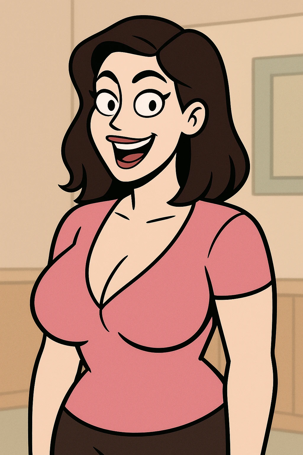 pale-skinned brunette woman in a pink blouse, smiling, busty, cartoon style emoji