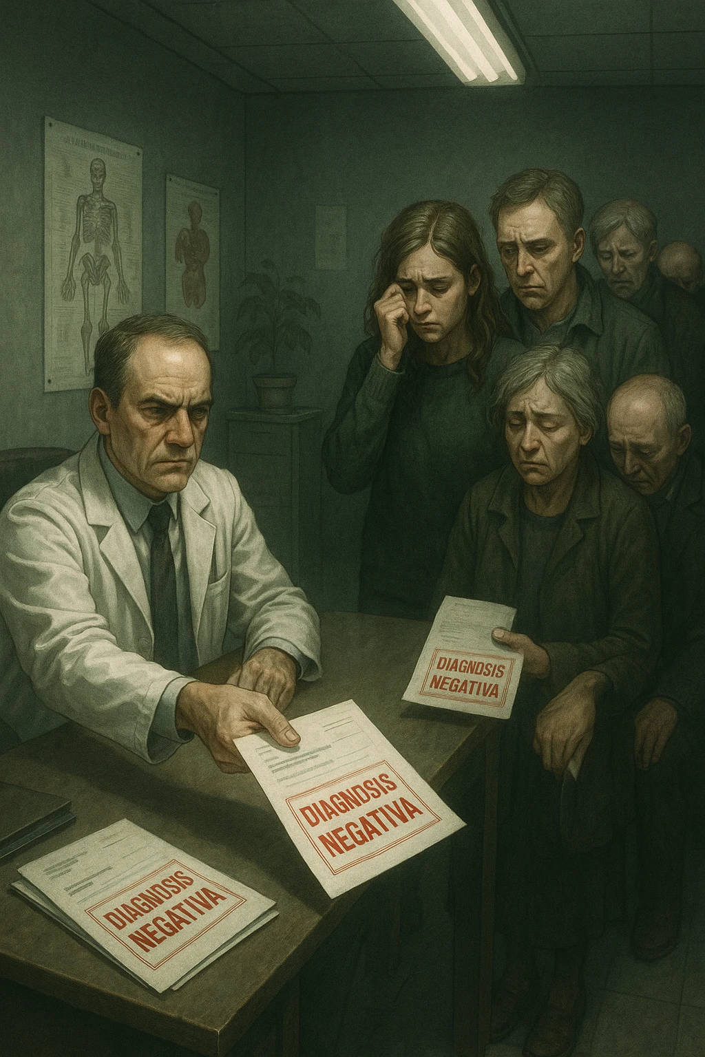A realistic, cinematic illustration set in a dull, grey-toned medical office. A middle-aged male doctor in a white coat with a stern, cold expression is seated at his desk, handing out medical reports with large red ‘Negative Diagnosis’ stamps to each patient in line. The patients, of various ages and appearances, stand in a line, each looking increasingly sad, defeated, and demoralized as they receive their papers, with slumped shoulders and empty gazes. One young woman wipes away a tear, while a man stares at the paper in shock. The background shows medical posters, a faded plant, and harsh fluorescent lighting, emphasizing the cold, mechanical environment. The mood is heavy, illustrating how negative diagnoses delivered without empatia can deeply affect the mental health and morale of patients. The style is realistic, with subtle filmic grain, emphasizing emotional impact and the weight of medical words on people’s lives. in italiano emoji