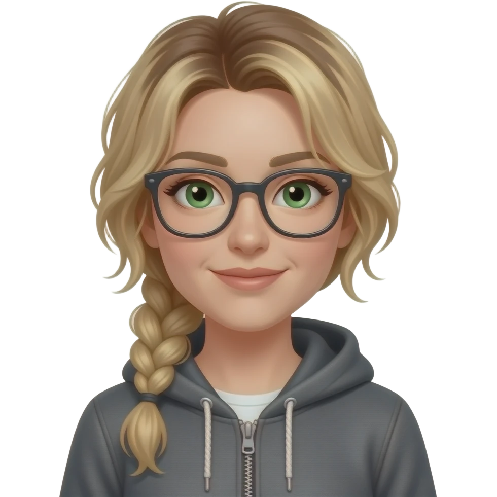 girl in her 30s, dirty blonde/brown hair, messy low side braid, green eyes with glasses dark grey hoodie, gunmetal gray fitted jeans, charcoal color platform wedge bootie emoji