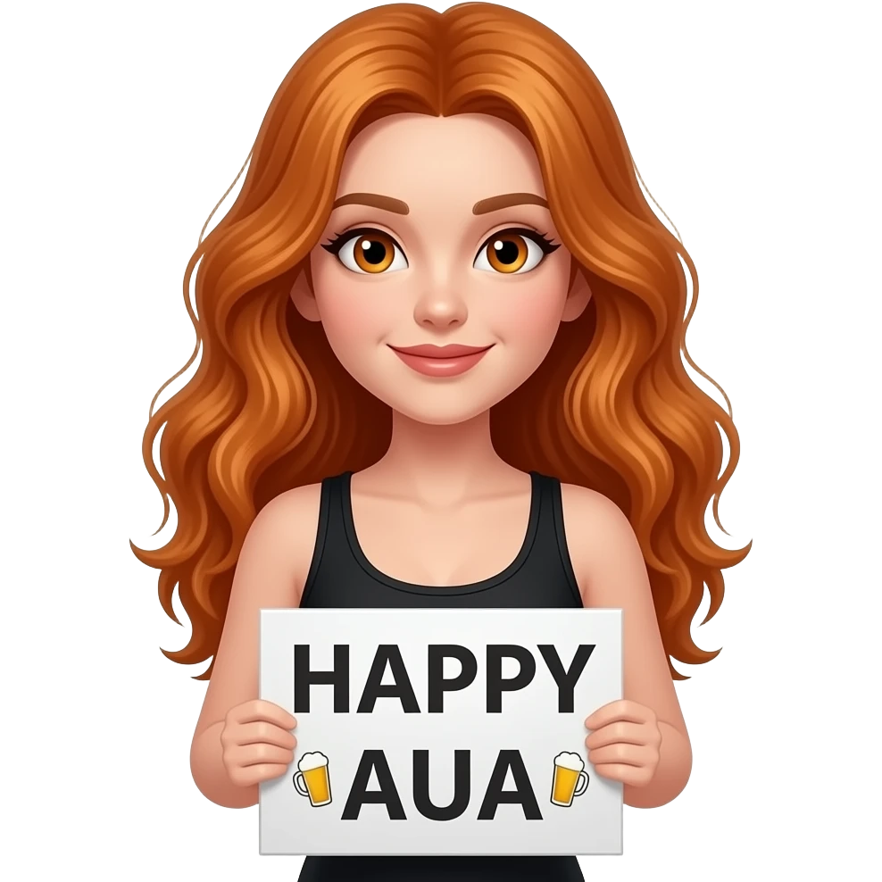 sexy girl with long wavy ginger hair and ginger eyes wearing a black tanktop is holding a white colored sign with 🍻 HAPPY AUA 🍻 written on it emoji