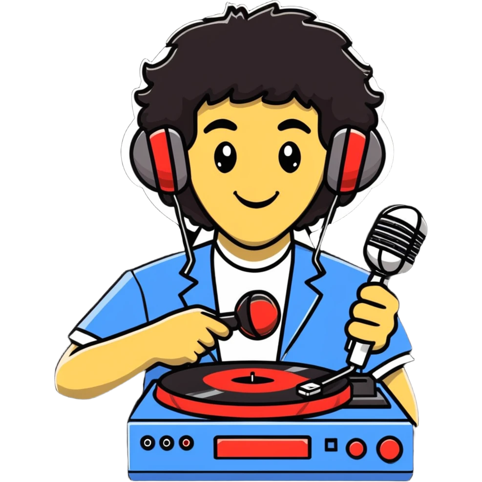 Nardwuar holding vinyl records and his signature microphone emoji