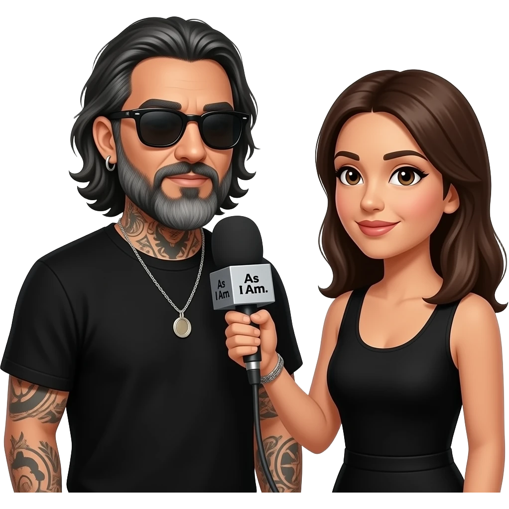 A podcast host, a handsome Latino man with medium length hair, a graying long beard, tattoos, hoops in his nose and ear,  and jewelry, all in black with sunglasses, interviews a woman in front of a microphone with a logo reading "As I Am." emoji