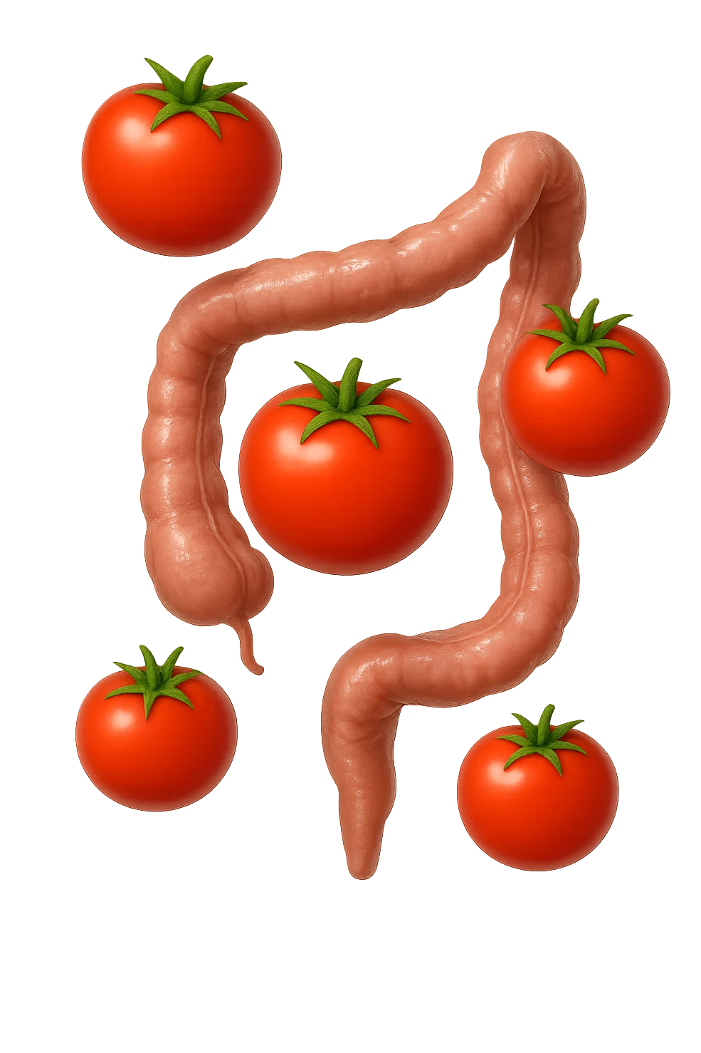 emoji stile iphone di pomodori che fluttuano in aria con colon attorcigliato intorno, iperrealistico 4k, isolato su sfondo bianco emoji