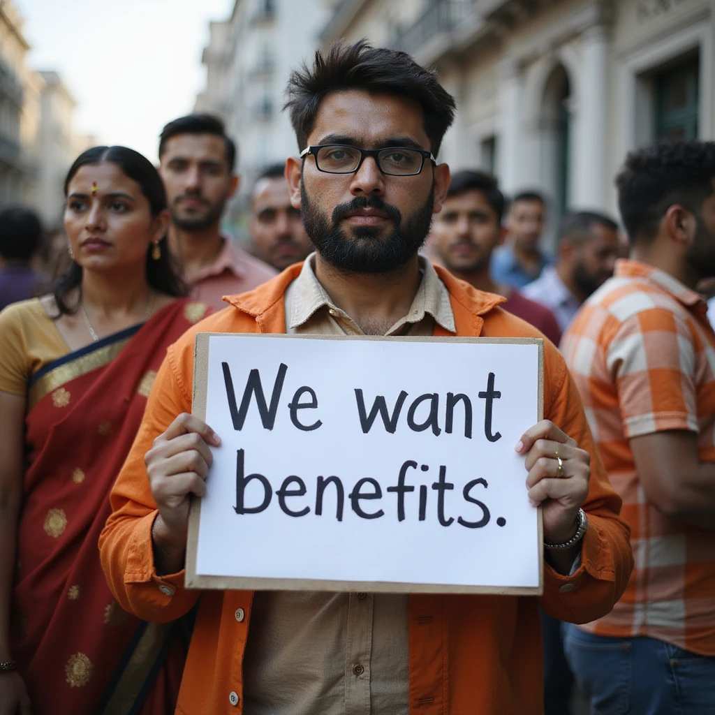 group of indian modern customers holding a board written "We want benefits"with a serious face emoji