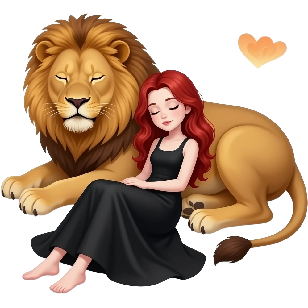 Vampiro adolescente femmina con pelle bianca e capelli rosso ondulati lunghi che indossa una gonna lunga nera e un top-canottiera nera e che sta dormendo con un leone emoji