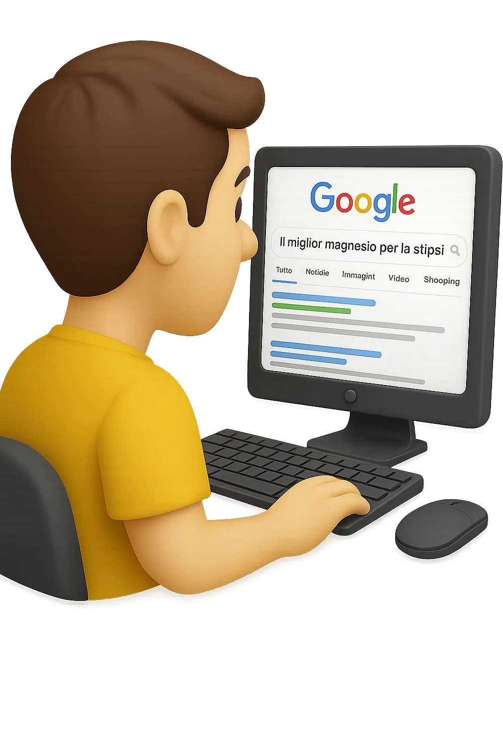 emoji stile iphone di un uomo davanti al pc che cerca di google: "Il miglior magnesio per la stipsi", iperrealistico 4k emoji