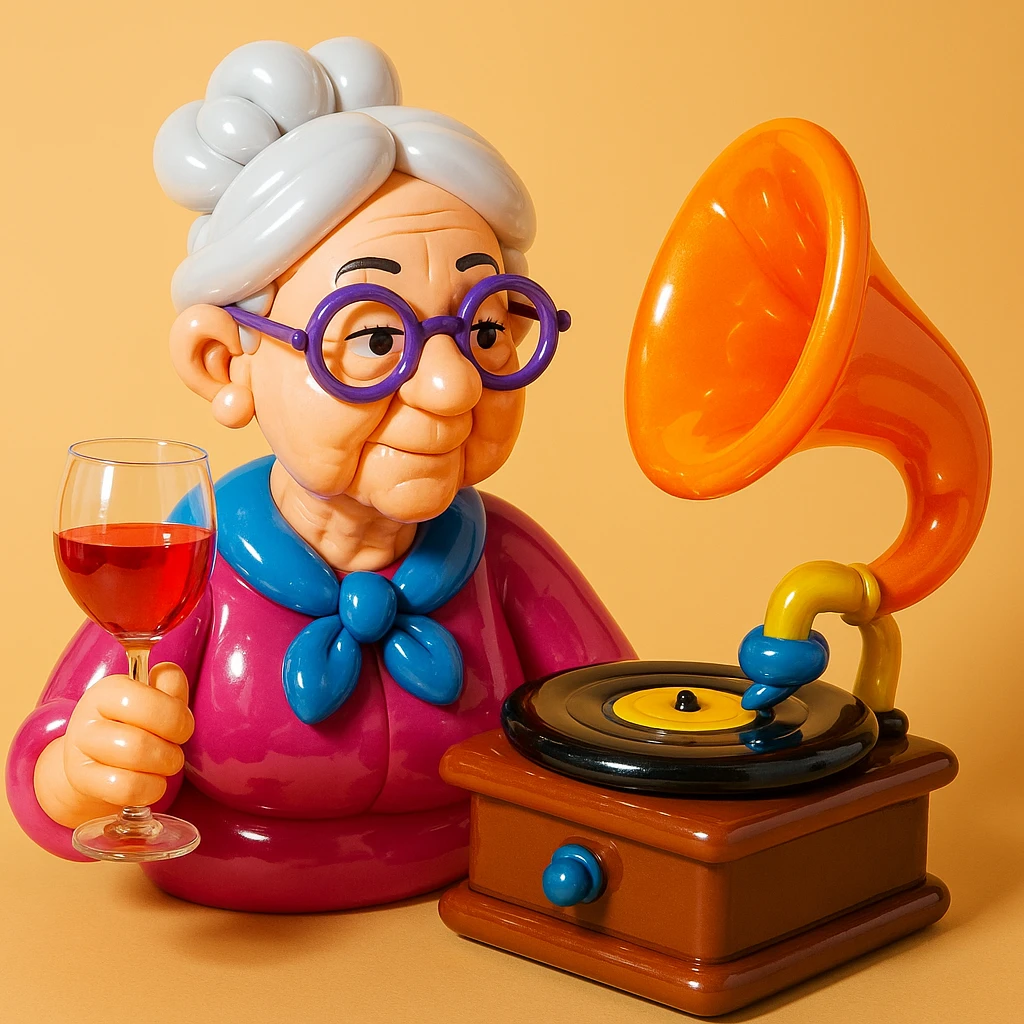old lady with wineglass listening to gramophone emoji