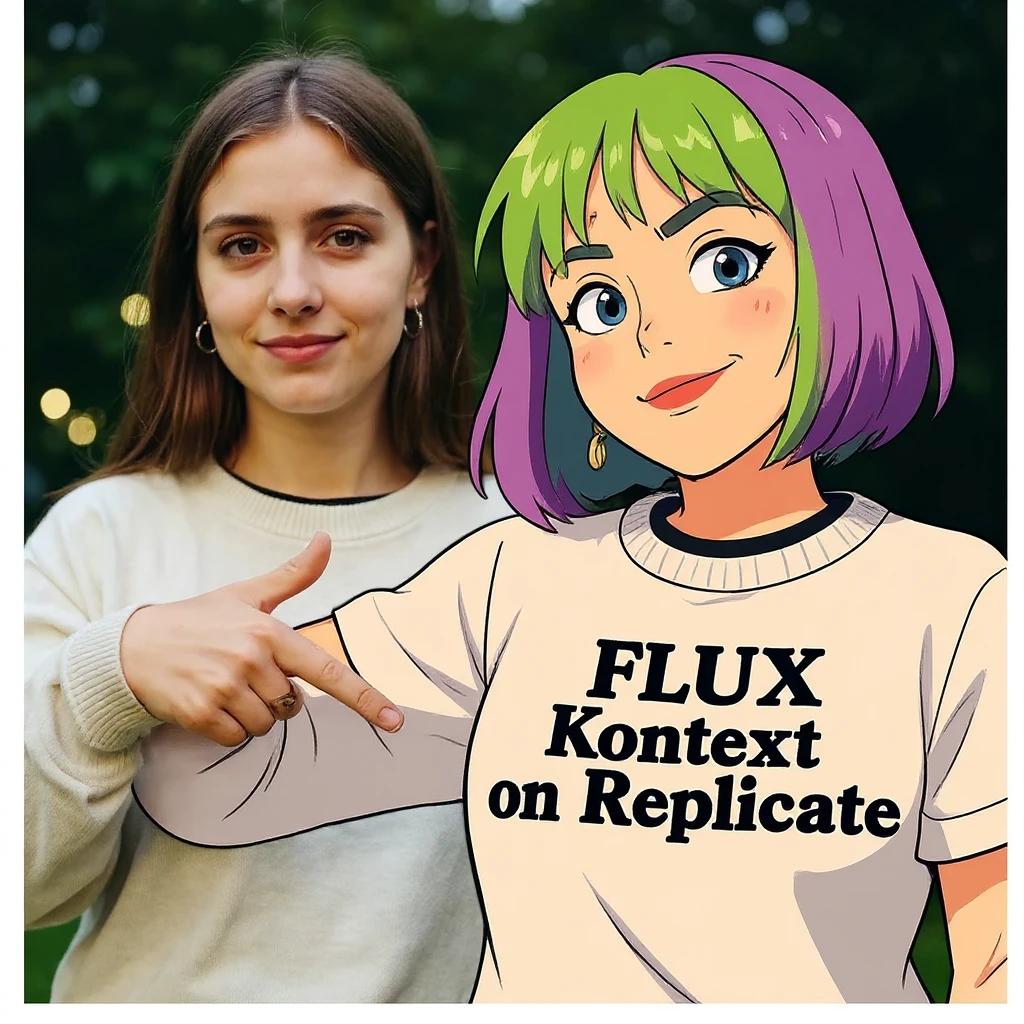 make a image of a girl with a anime version of that girl beside her wearing tshirt with text of just "FLUX Kontext" nothing else emoji