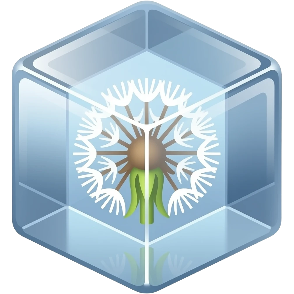 Flat emoji icon of a glassy cube with a stylized dandelion inside, clean edges, bright highlights on two faces, thick outline, minimal shading, transparent background, square, no text. emoji