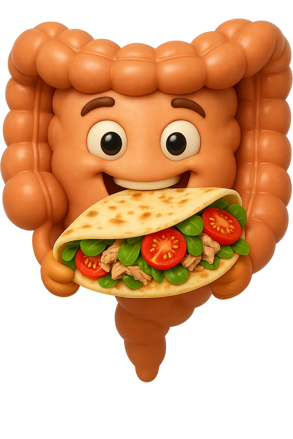 EMOJI STILE IPHONE DI un intestino che mangia una piadina con tonno, valeriana e pomodorini, iperrealistica 4k emoji