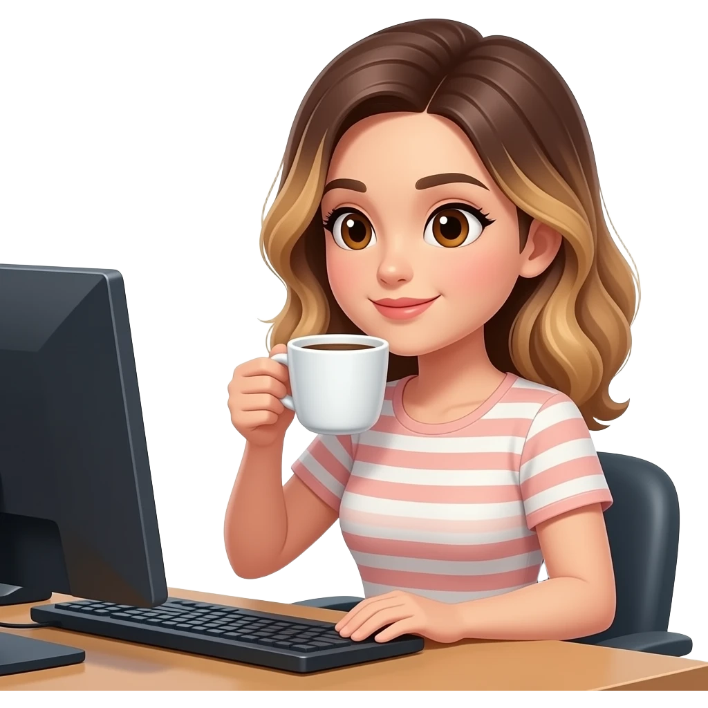 Woman drinking coffee in computer, balayage hair, mid length. Brown eyes , round face, emoji