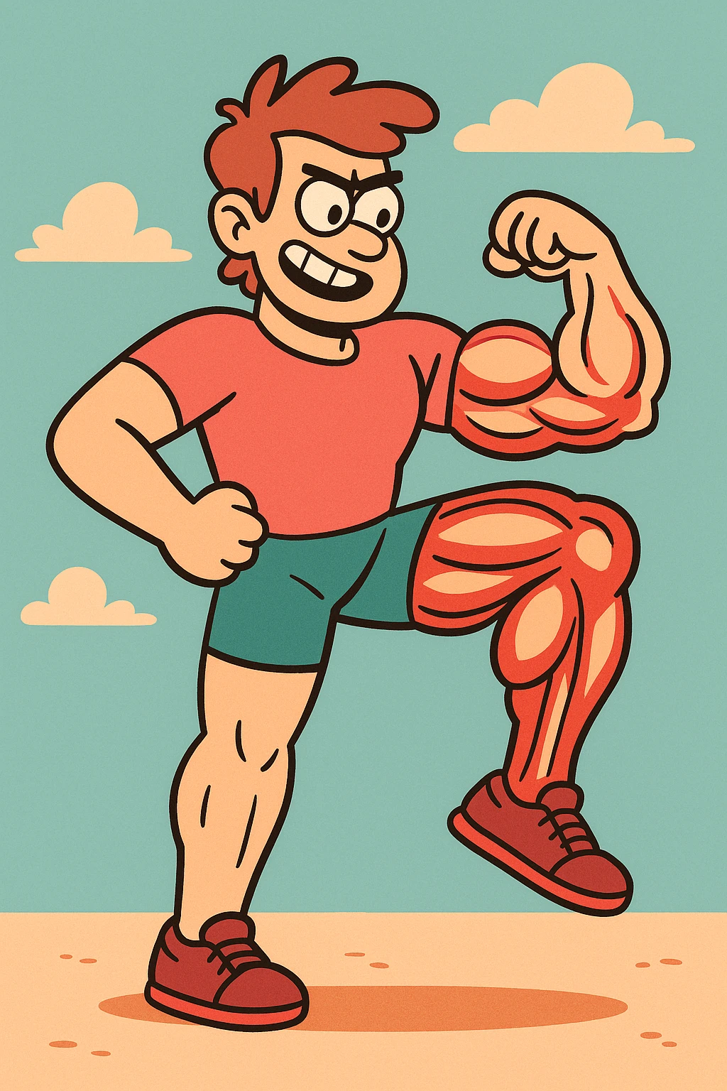 muscular left leg, stylized, exaggerated muscles, cartoon style, vibrant colors emoji
