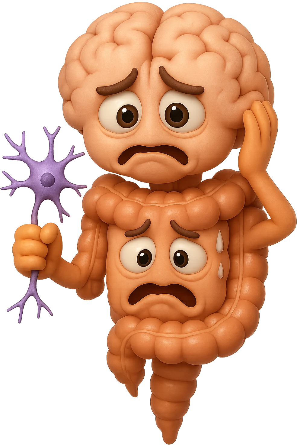 EMOJI STILE IPHONE DI UN INTESTINO collegato verticalmente ad un cervello mentre tiene in mano un neurone, espressione stressata, IPERREALISTICO 4K emoji