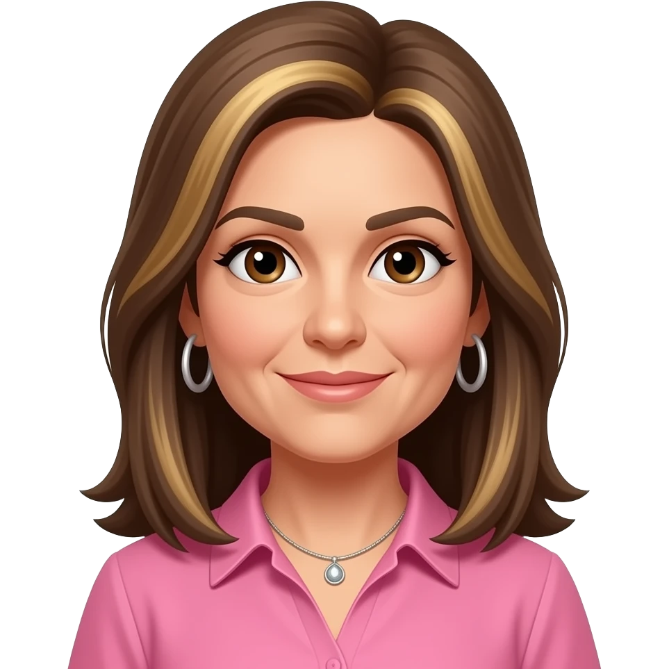 woman in early 50s, italian looking with darker olive skin,with dark brown eyes, long straight brown hair to past the shoulders no layers, with blonde highlights and side parting, all one length. Wearing  a pink shirt with hoop earrings and a necklace. emoji