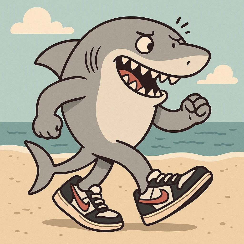 cartoon style shark with Nike sneakers walking on the sand emoji
