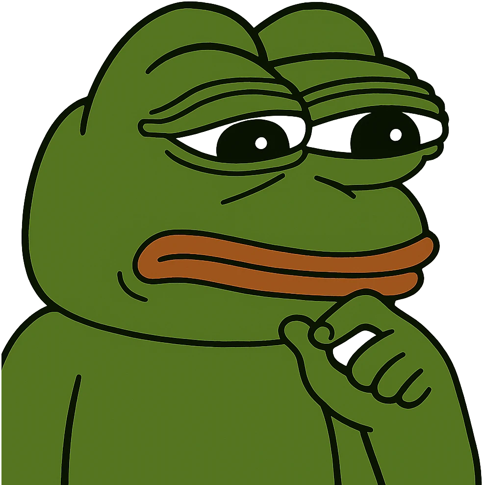 Pepe the Frog with a thinking expression, meme style, remove background, keep transparent background. emoji