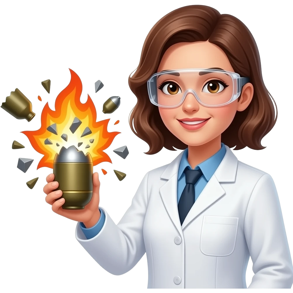 a woman scientist holding an exploding munitions shell emoji