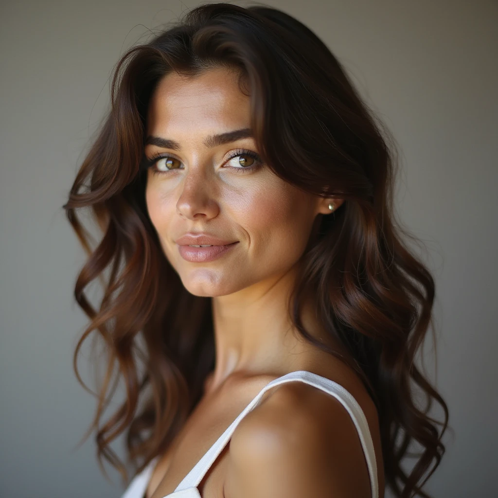 mujer linda de cabello marrón, estilo realista suave, soft realistic style emoji