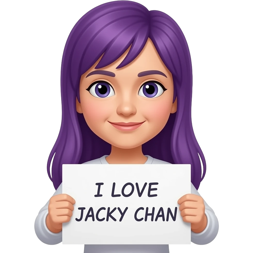 girl with long purple hair holding a I LOVE JACKY CHAN sign emoji