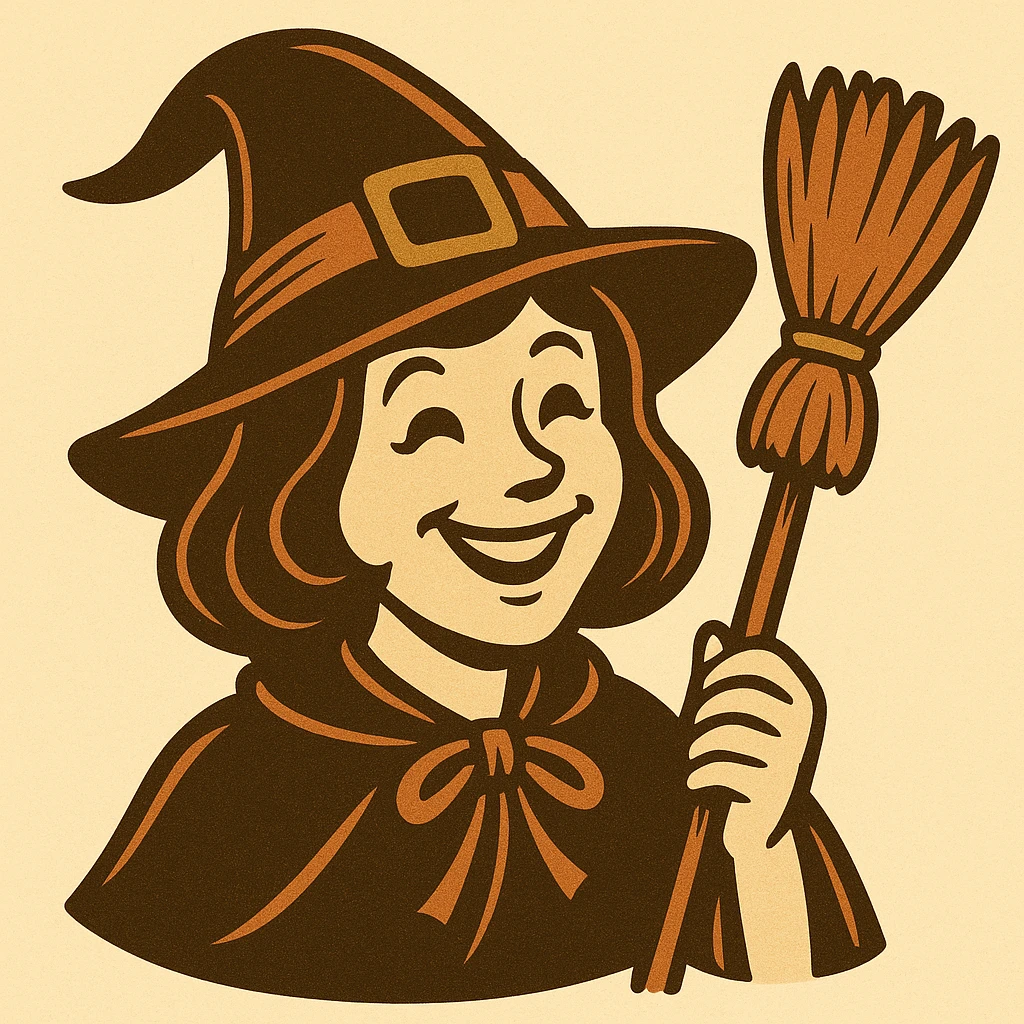Create images of happy retro witch. Use this image for inspiration. emoji