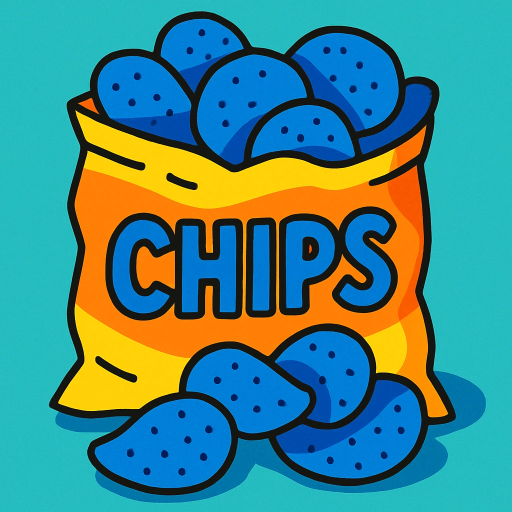 blue potato chips in a bag, playful, cartoon style emoji