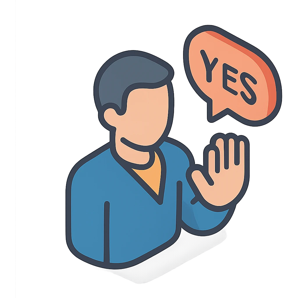 мужчина говорит - yes, и делает жест ладонью в знак согласия emoji