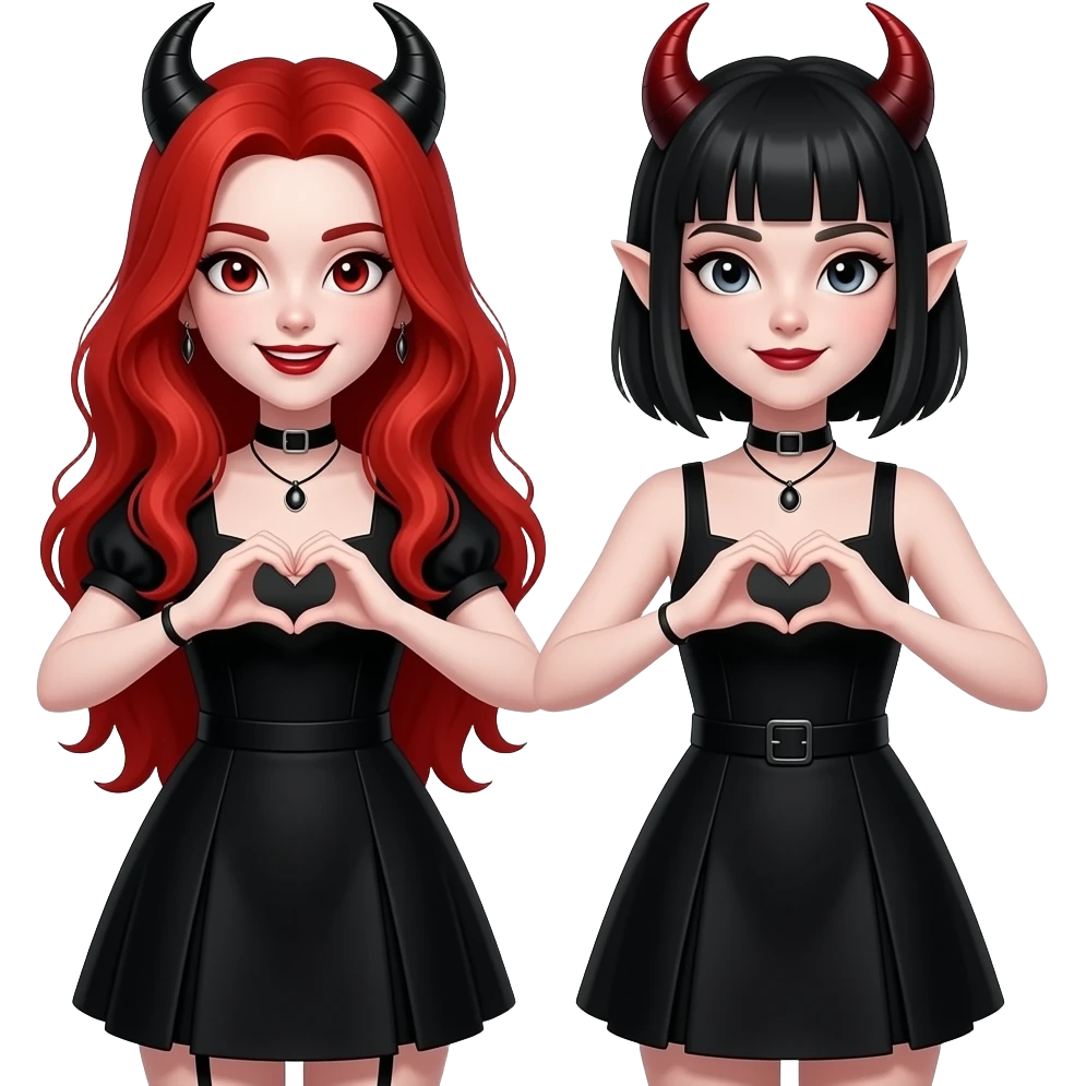 Vampiro femmina adolescente con capelli lunghi rosso fuoco ondulati con pelle bianca che indossa in vestito nero e sta facendo insieme alla sua amica il cuore con una sua mano e una mano della  sua amica vampiro FEMMINA che ha i capelli neri e la frangia emoji