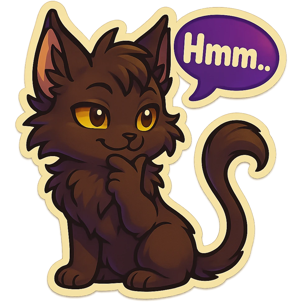 a dark-brown fluffy cute kawaii anthropomorphic furry anime cat-furry with tufted ears, golden eyes, and a long thin tufted tail, thinking, smirking thoughtfully, saying “Hmm..” with a purple speech bubble, (cartoon style) (cute anime style) (furry style) (deviantArt style) (artist style: Kamirah) emoji