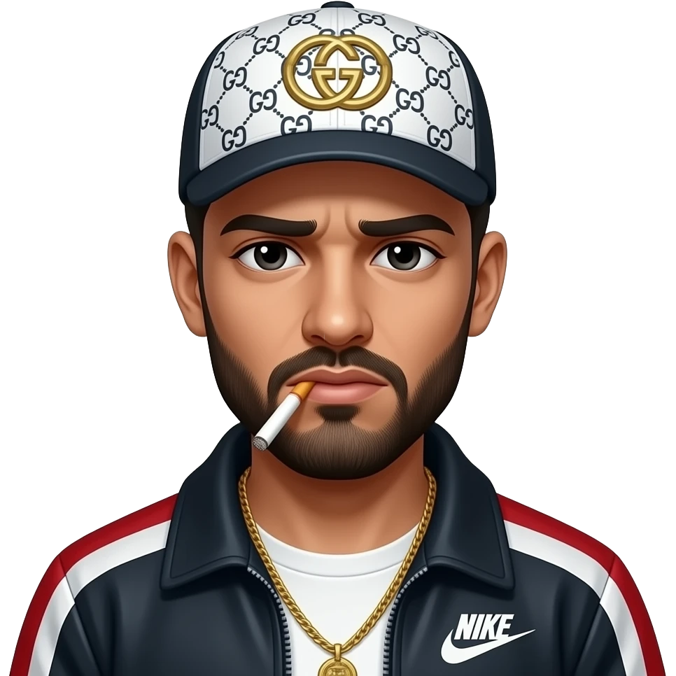 Arabe, avec joint de shit bien entamé dans la bouche, et les yeux noir très très  fatigués, veste Nike boîte de racaille , casquette Gucci à motif blanche. Rend le dangereux et menaçant emoji