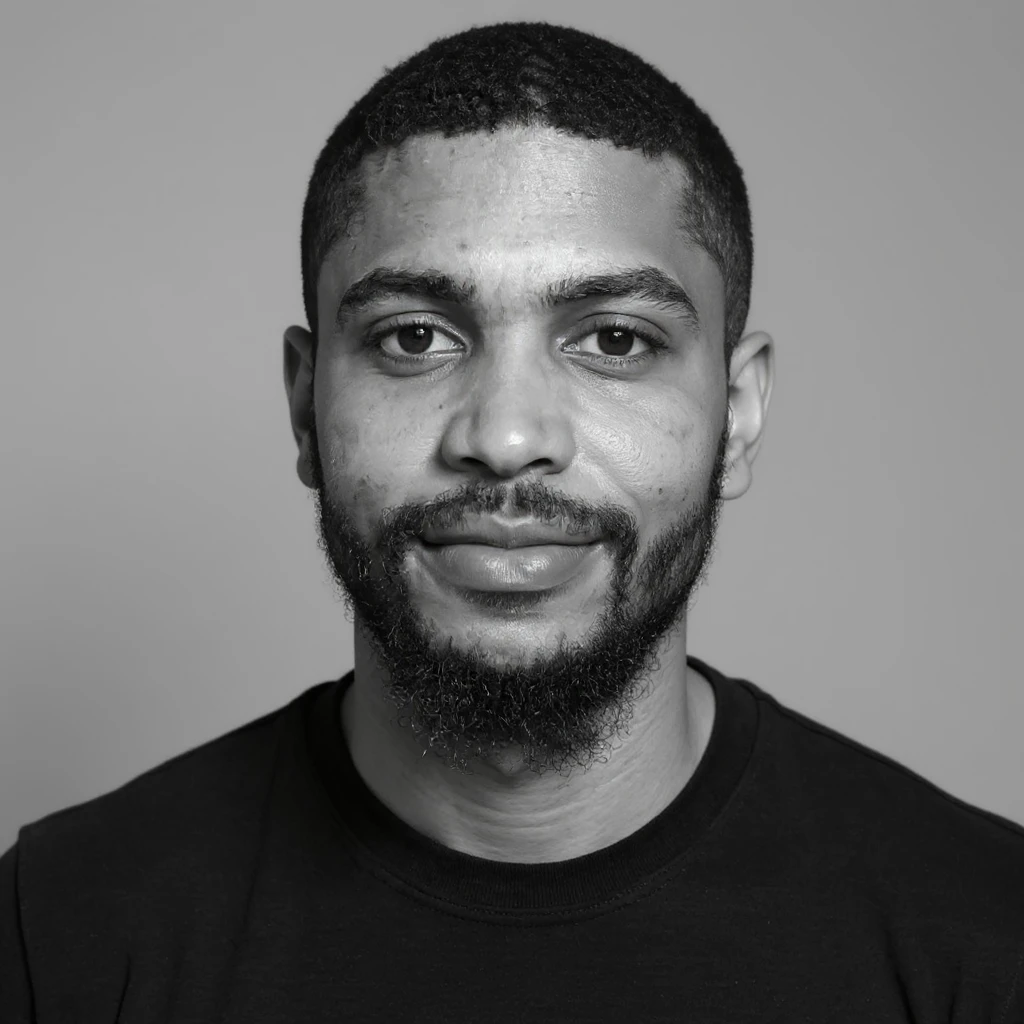 A professional portrait in monochrome. Plain black crew neck shirt. Tailored to LinkedIn. Tech boy vibe (programmer) emoji