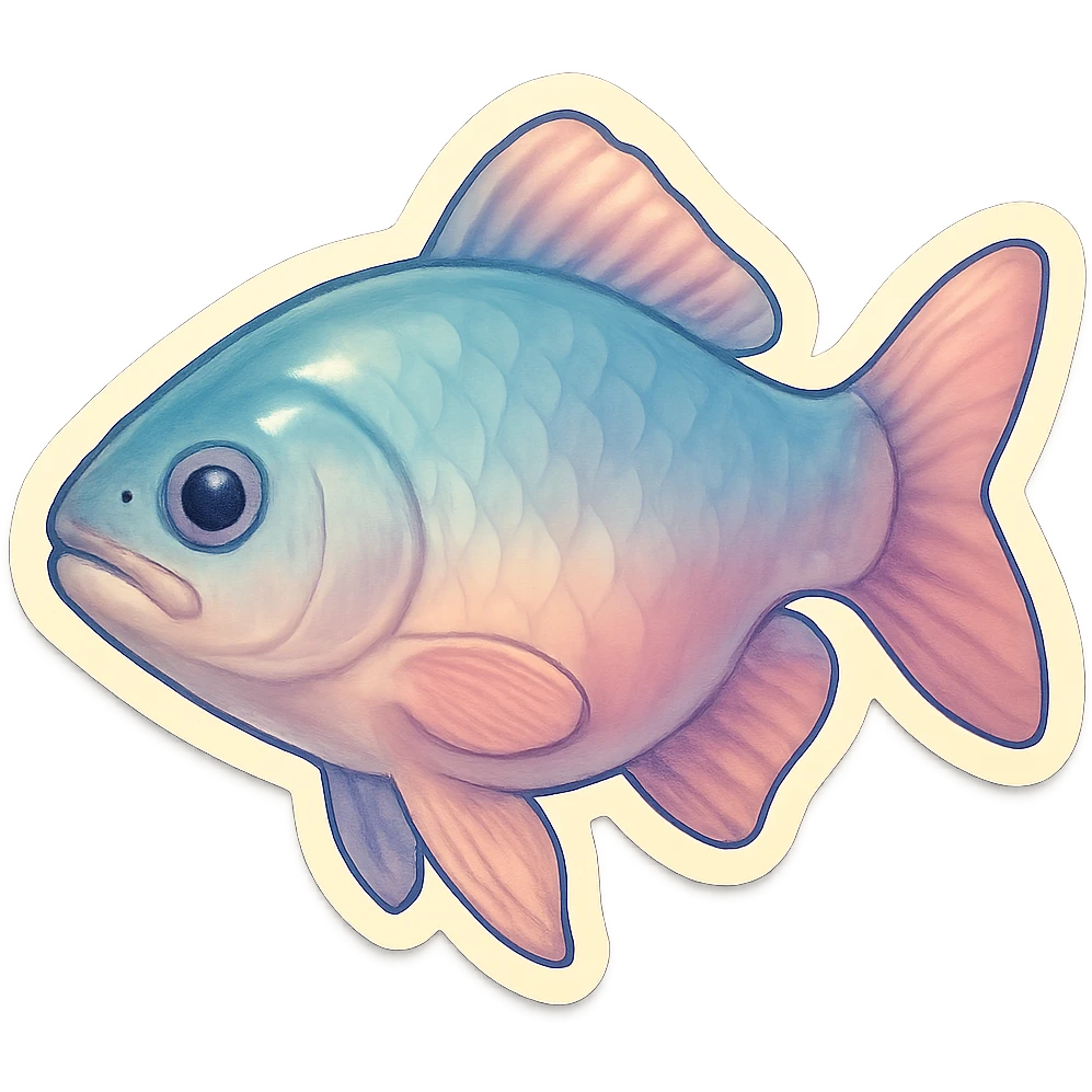 ordinary fish, very detailed and finely drawn, thin clean contours, soft rounded shapes, pastel palette #98B5BC, #B5B3C1, #C9A3C9, #E4C0CA, #F7DCD1, #F7C0AA, complex shadows and highlights, soft lighting, transparent background, minimalism, not cute, no decoration emoji