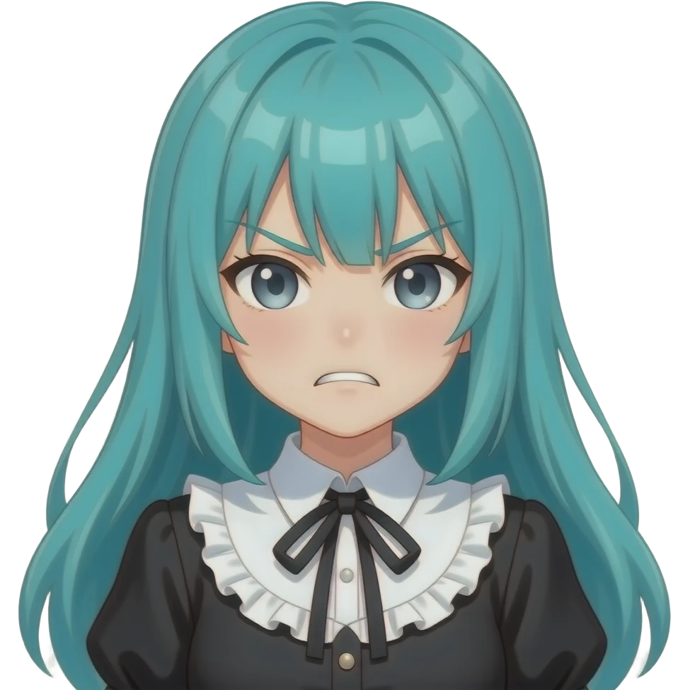 anime girl, angry,  teal hair, grey eyes, black shoulder blouse with fancy white collar emoji