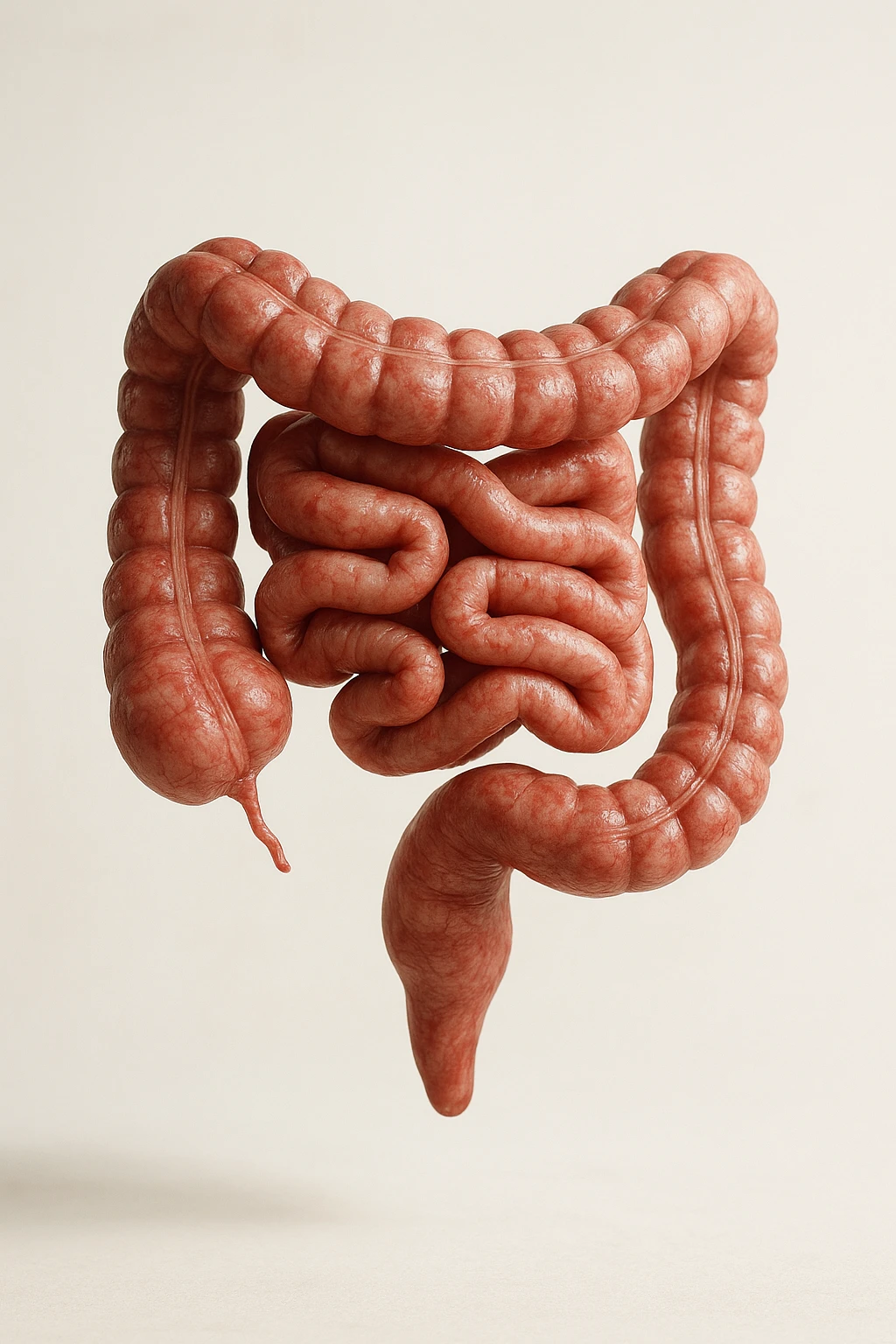 INTESTINO UMANO ANATOMICO REALISTICO FLUTTUA IN ARIA, SFONDO CHIARO, iperrealistico 4k emoji