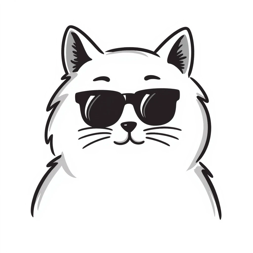 white long-haired cat face with black sunglasses, hand-drawn doodle style emoji