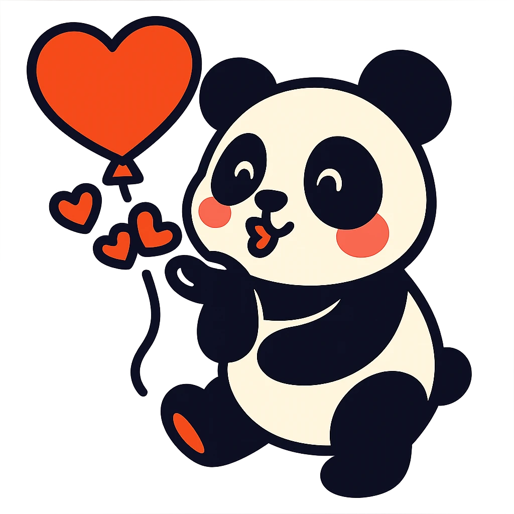 panda with heart-shaped balloon blowing kisses, vibrant-toon style emoji