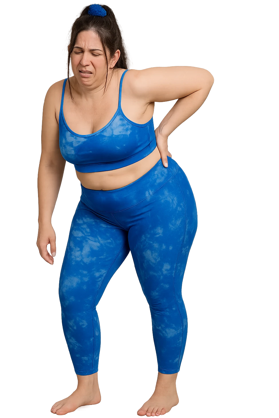a woman in her 30s  holding her lower back with a pained expression. Subtle visual cues, like uneven shoulders or hips, hint at postural asymmetry. symbolizing chronic pain over the years. vista anatomicamente non farla troppo grassa emoji