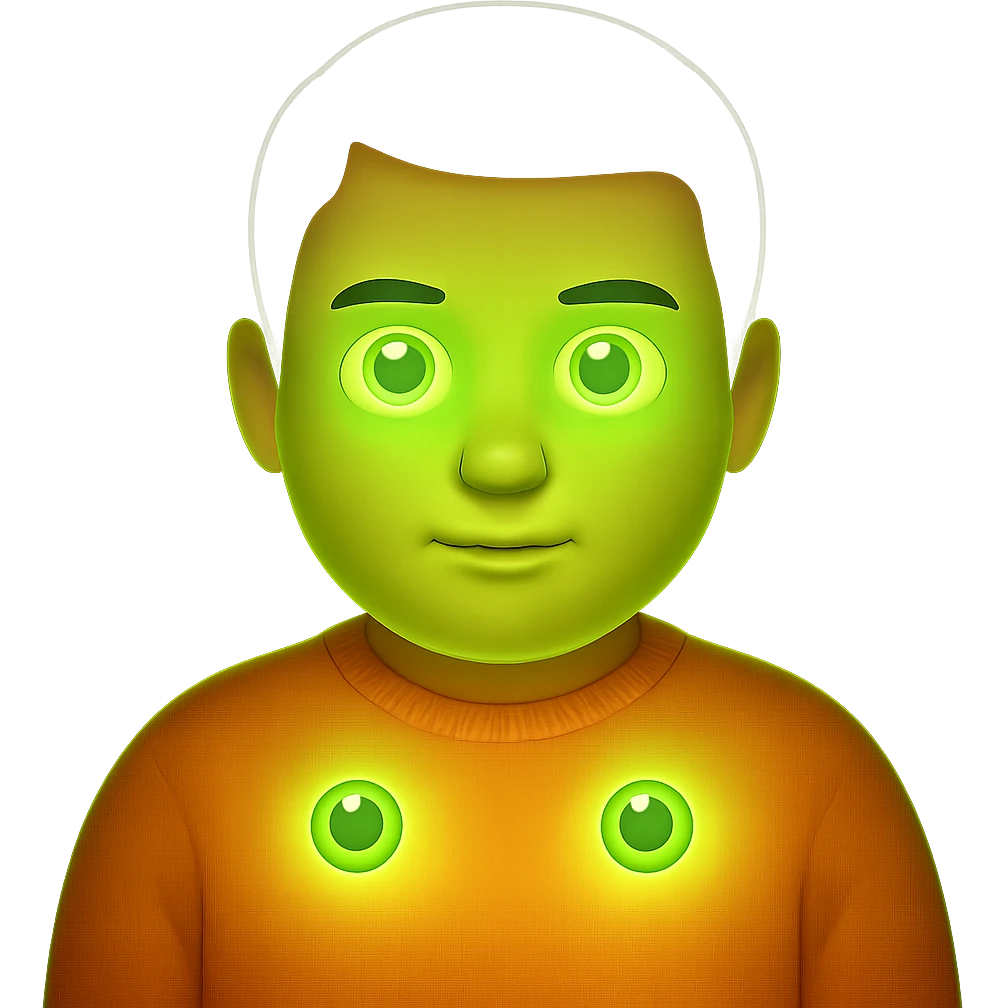 Make the neon green eyes even brighter and more glowing, keep the rest of the emoji unchanged, with no background. The style is a neon green glowing emoji with no background. emoji