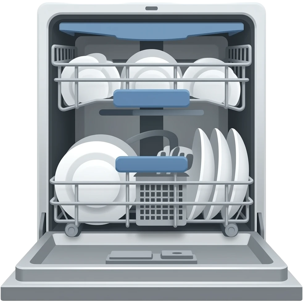 A flat, simplified, open dishwasher is facing forward. emoji