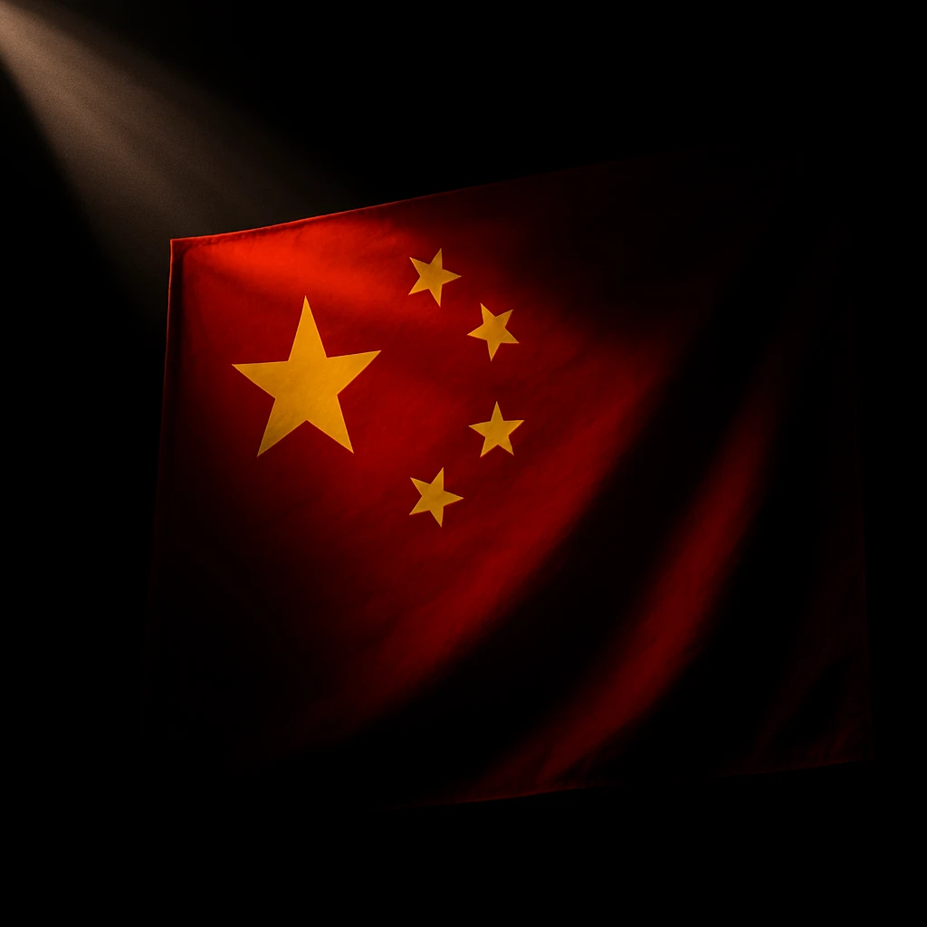 Replace the Hong Kong flag with the flag of China, preserving the dramatic lighting, black background, and ray of light style and composition exactly as in the reference image. emoji