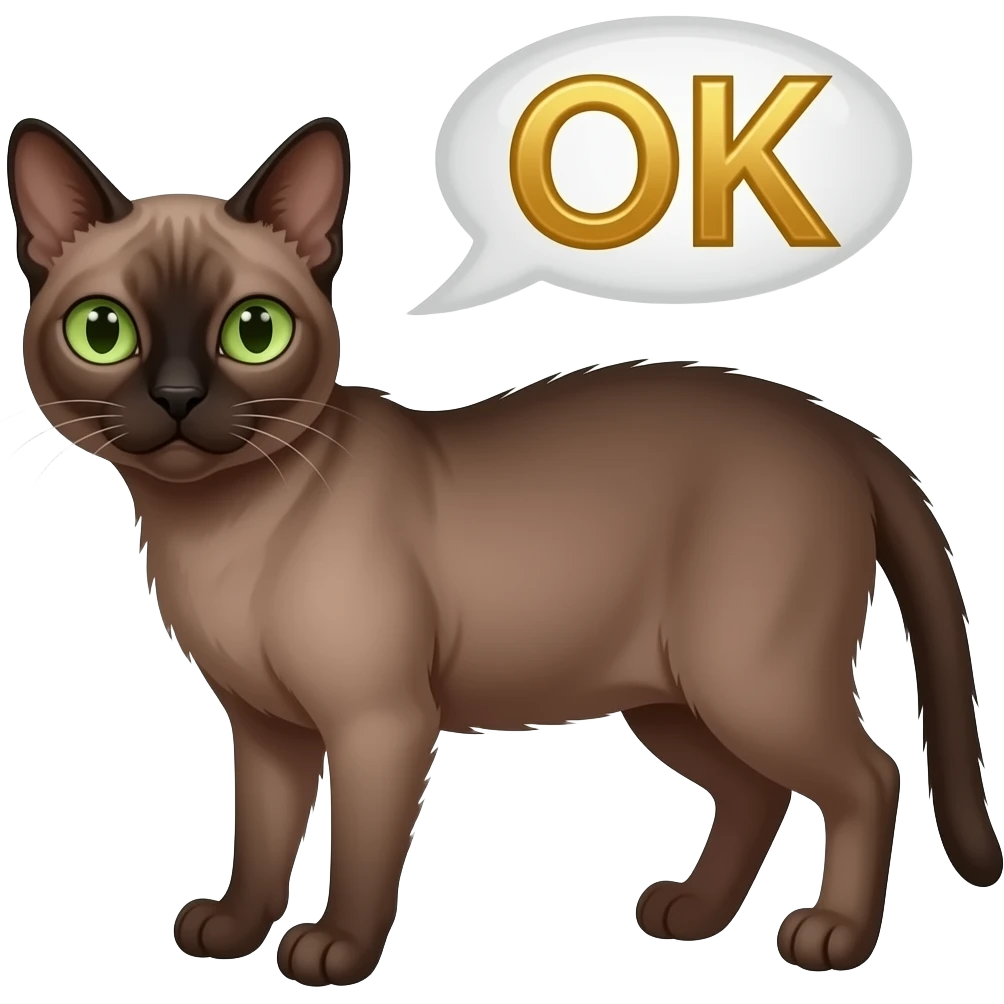 Cute content pitch-dark brown scrunkly cat With no patterns, with green eyes saying “OK” in golden letters with a speech bubble emoji
