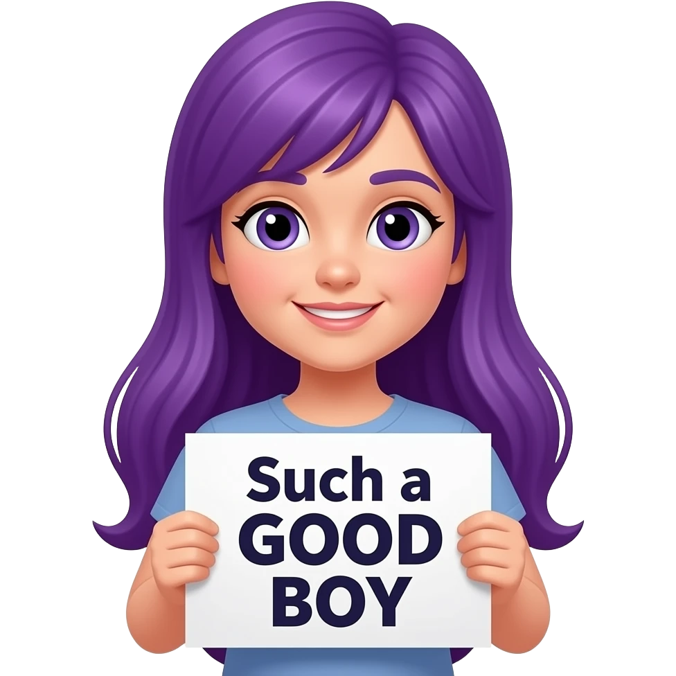 girl with long purple hair with a Such a GOOD BOY sign emoji