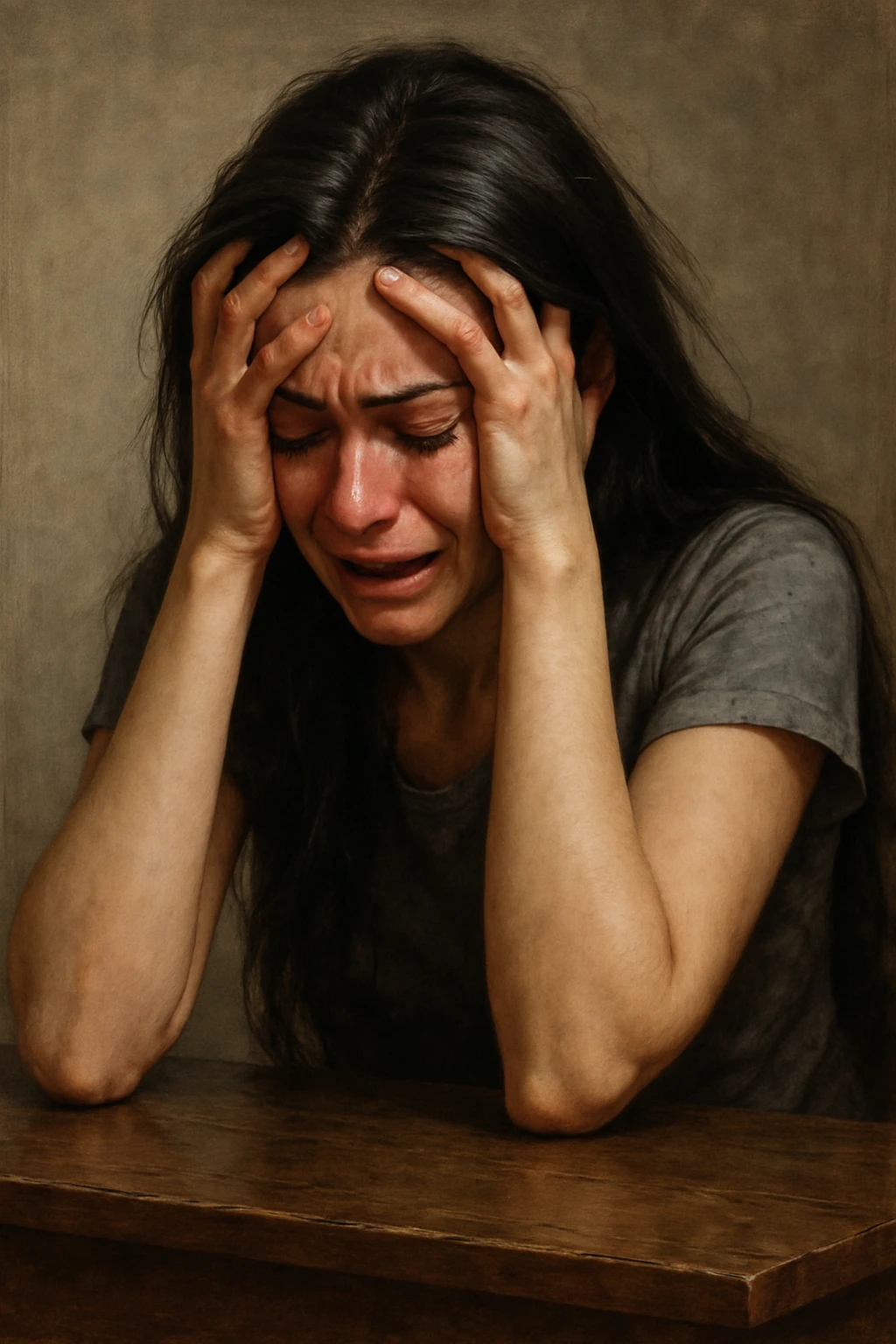 woman with long black hair, sitting with head in hands, overwhelmed, tears, emotional breakdown emoji
