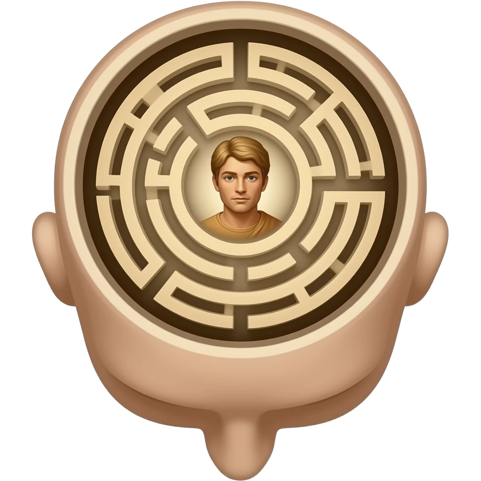 a view from above into the open human head, which contains the space of the ancient labyrinth emoji
