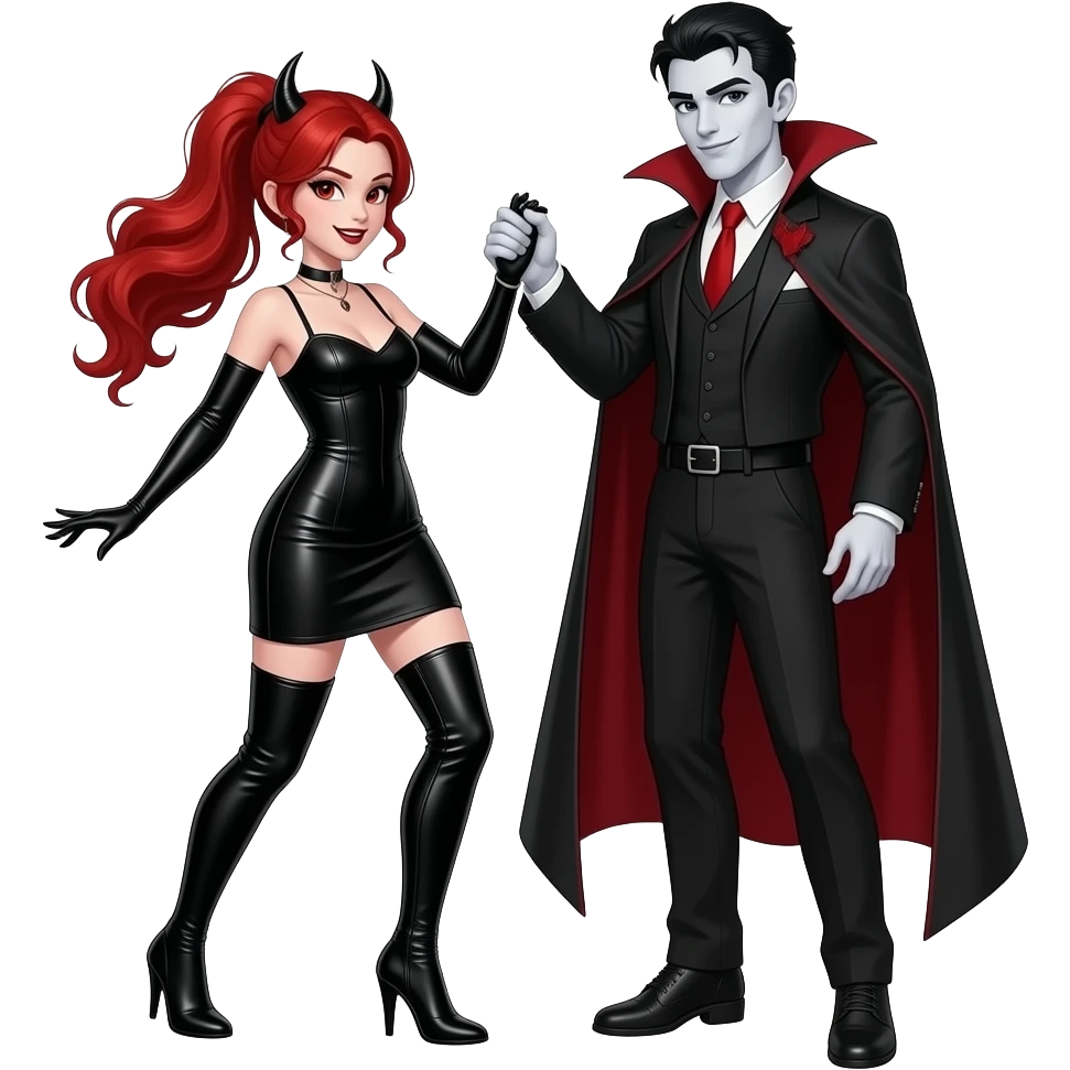 Vampiro femmina adolescente con pelle bianca e capelli rosso ondulati lunghi raccolti in una mezza coda che indossa un vestito stretto in vita con maniche lunghe nero e stivali lunghi con tacco neri che sta ballando con il suo ragazzo VAMPIRO emoji