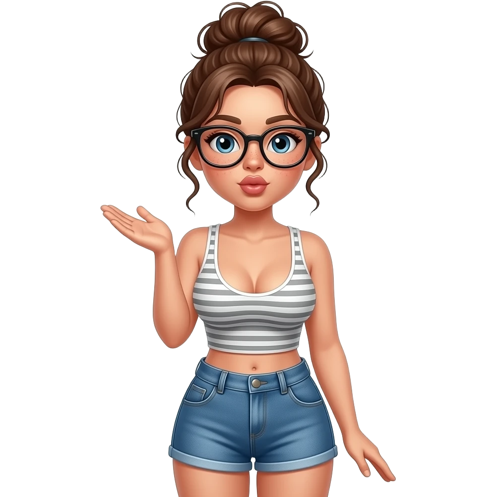 A woman with brown messy bun and black frame glasses and freckles on her face with big boobs popping out the top of her tank top and the tank top is a crop top also with Shorty blue jean shorts and blowing a kiss emoji