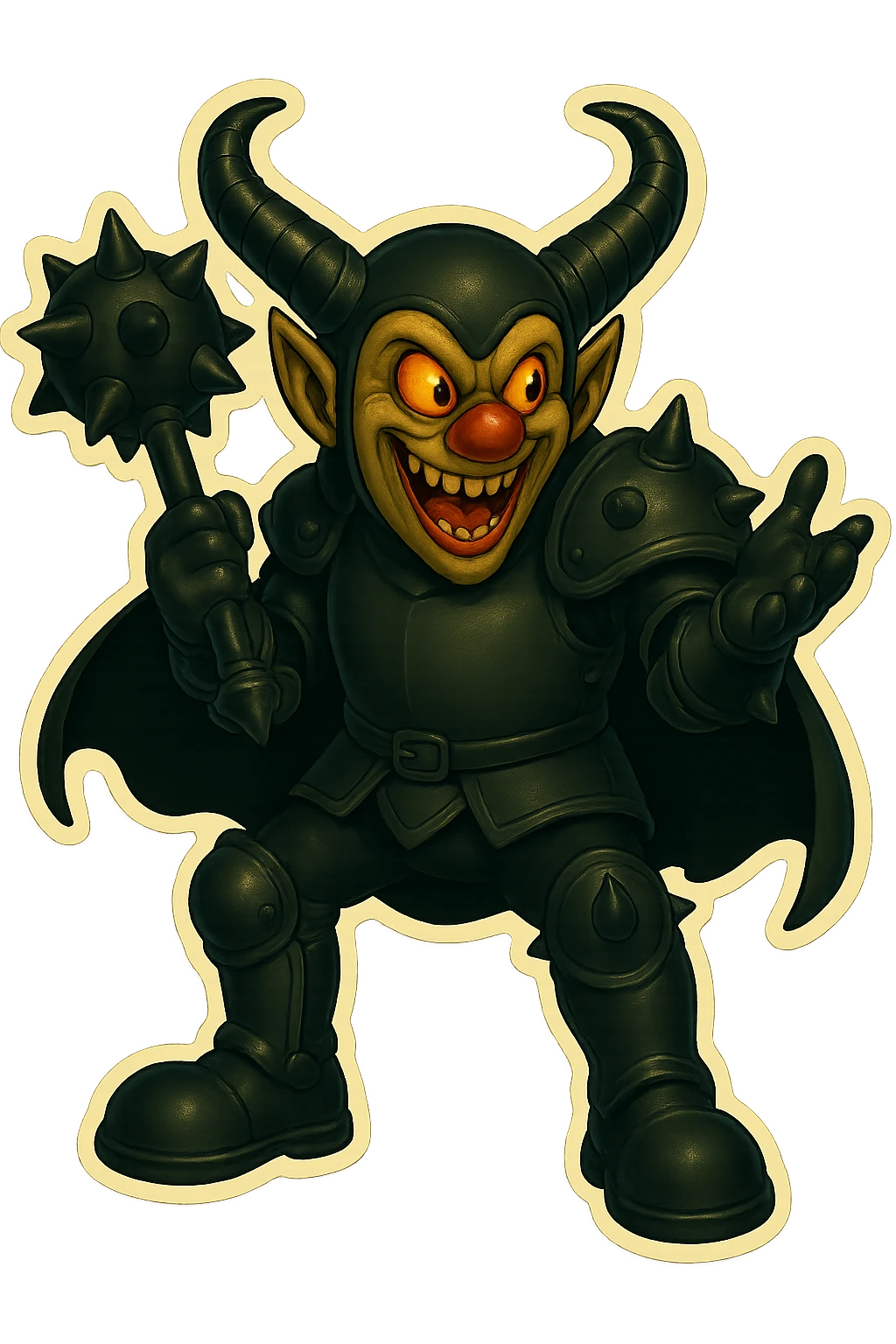 A menacing armored clown with ram horns, glossy black on matte black armor, short cape, large but not comically oversized black clown shoes, oversized spiked mace resting on the ground or held loosely, calm and relaxed posture, not in battle, mouth open as if talking, gesturing with one hand, spikes on knee, elbow, and shoulder armor, glowing gold-red eyes, vibrant retro stickers style, no yellow aged tint, full body, transparent background. emoji