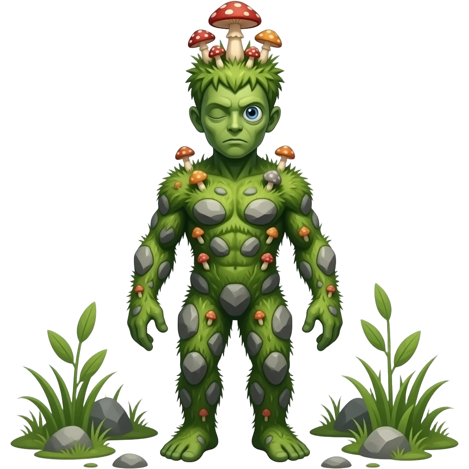 A humanoid thing with grass on it with rocks on it different mushroom growing on its head with no ears no mouth one single eye full body emoji
