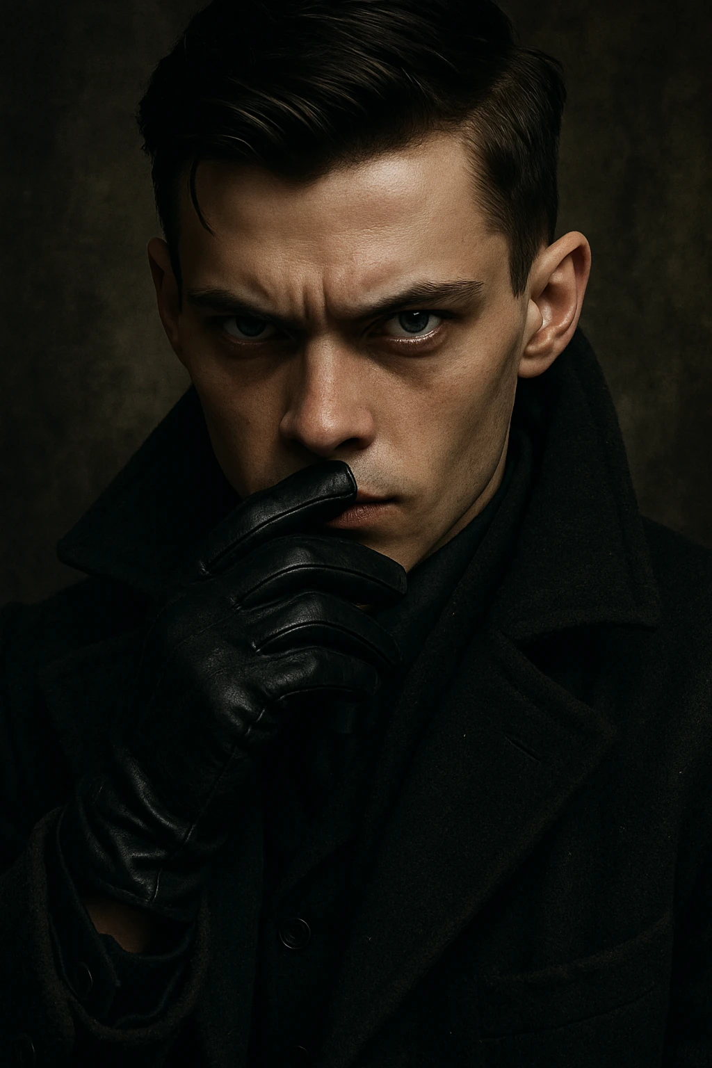 Kaz Brekker from Six of Crows, close-up portrait, piercing eyes, black gloves visible, wearing high-collared coat, gritty dramatic lighting emoji